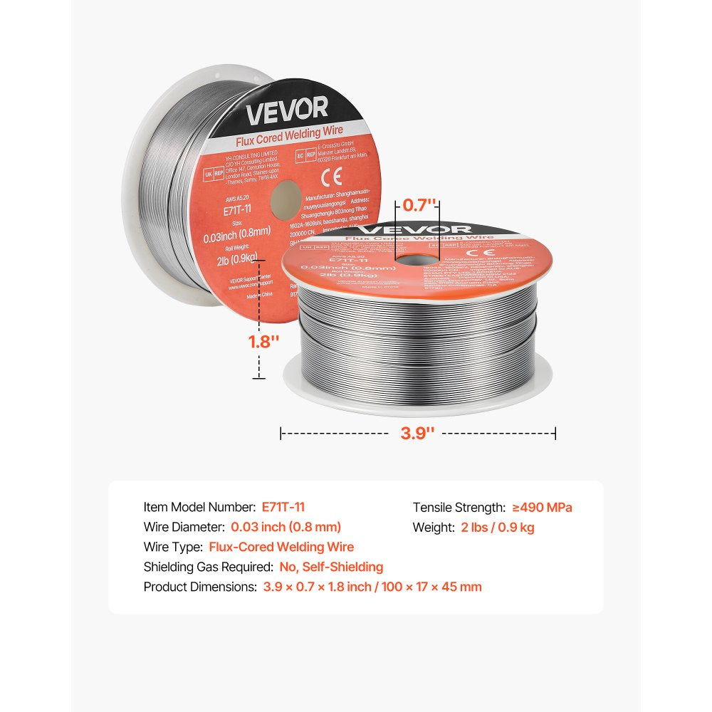 VEVOR Flux Core MIG Welding Wire, E71T-11 0.03-inch 2 LBS, Gasless Mild Steel Welding Wire with Low Spatter for All Position Arc Welding, Self-Shielded for Outdoor Use
