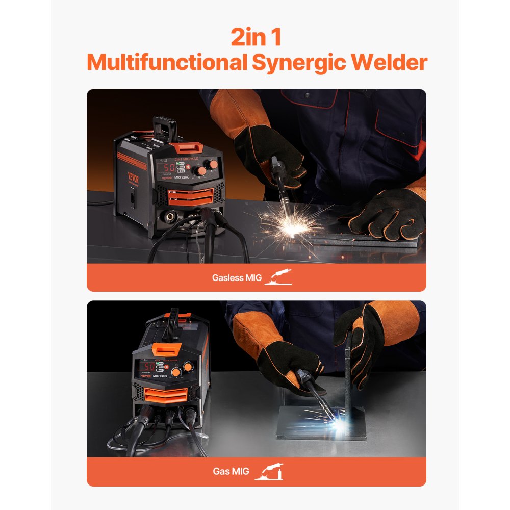 VEVOR MIG Welder, 130A Synergic Mig Welding Machine, 2-in-1 Gas MIG/Gasless Flux Core MIG Multi-Process Welder Machine, 110V Portable Mig Welder with IGBT Inverter Technology & Digital Display Screen