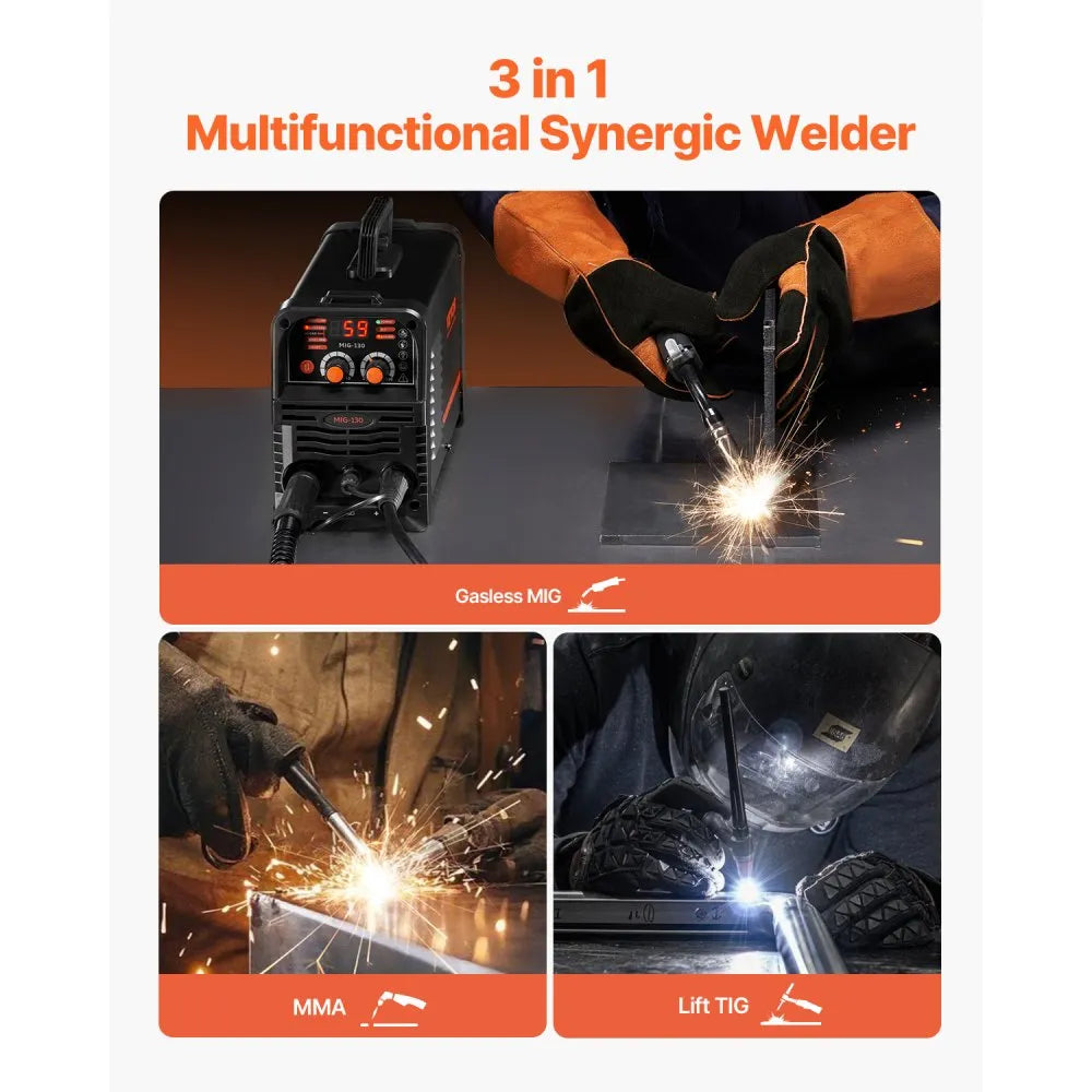 VEVOR MIG Welder, 130Amp Synergic Mig Welding Machine, 3-in-1 Flux Core MIG/Stick/Lift TIG Multi-Process Welder Machine, 110V Portable Mig Welder with IGBT Inverter Technology & Digital Display Screen
