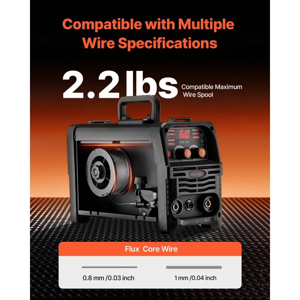 VEVOR MIG Welder, 130Amp Synergic Mig Welding Machine, 3-in-1 Flux Core MIG/Stick/Lift TIG Multi-Process Welder Machine, 110V Portable Mig Welder with IGBT Inverter Technology & Digital Display Screen