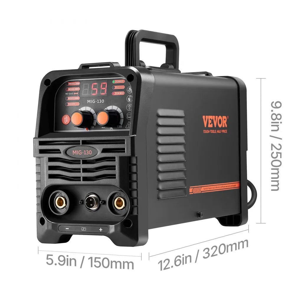 VEVOR MIG Welder, 130Amp Synergic Mig Welding Machine, 3-in-1 Flux Core MIG/Stick/Lift TIG Multi-Process Welder Machine, 110V Portable Mig Welder with IGBT Inverter Technology & Digital Display Screen