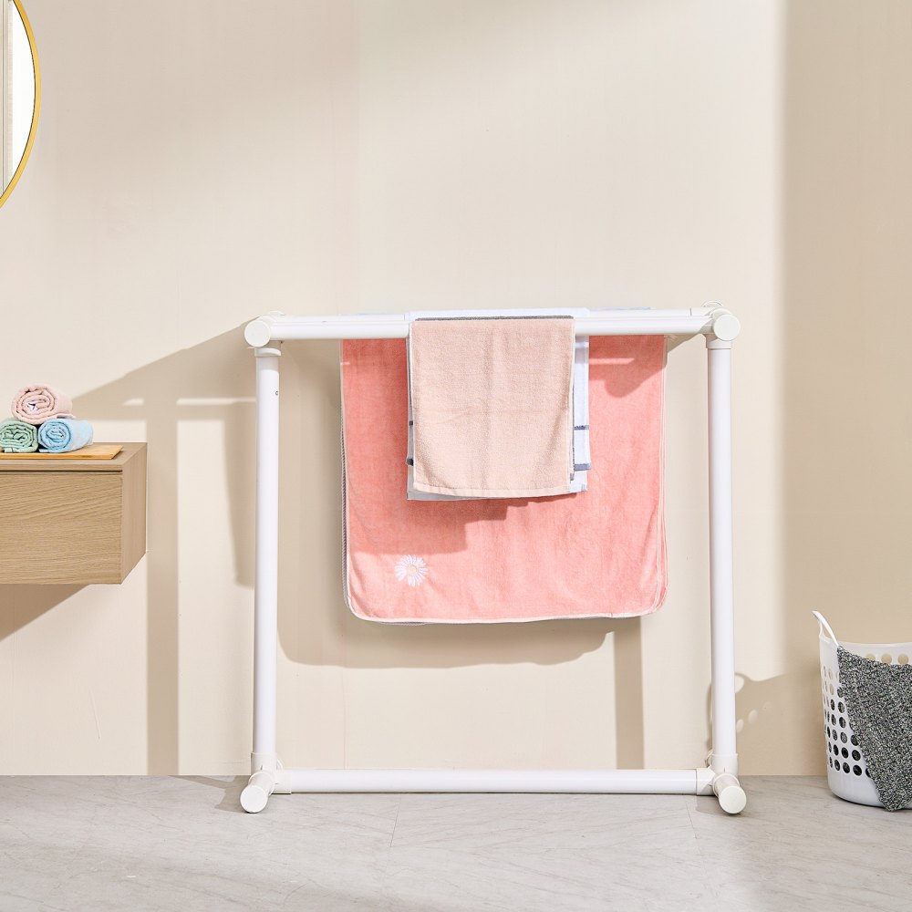 VEVOR Towel Rack, 5 Bars Outdoor PVC Towel Holder, Floor Standing Pool Towel Hanger Stand with Clips, Bag & Hook, Outdoor Indoor Quilt Drying Rack Organizer, Ideal for Poolside, Bathroom, Spa, White