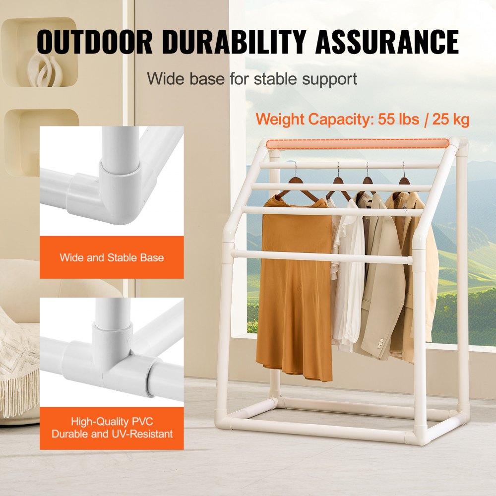 VEVOR Towel Rack, 5 Bars Outdoor PVC Towel Holder, Freestanding Pool Towel Hanger Stand with Clips, Bag & Hook, Outdoor Indoor Quilt Drying Rack Organizer, Ideal for Poolside, Bathroom, Spa, White