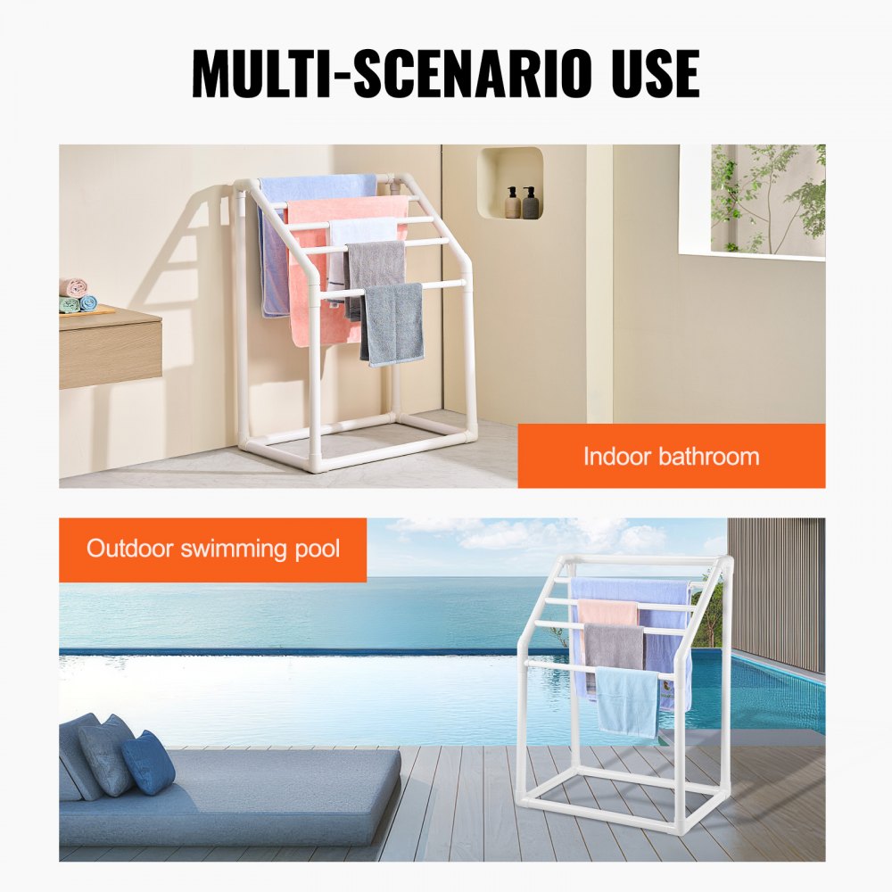 VEVOR Towel Rack, 5 Bars Outdoor PVC Towel Holder, Freestanding Pool Towel Hanger Stand with Clips, Bag & Hook, Outdoor Indoor Quilt Drying Rack Organizer, Ideal for Poolside, Bathroom, Spa, White