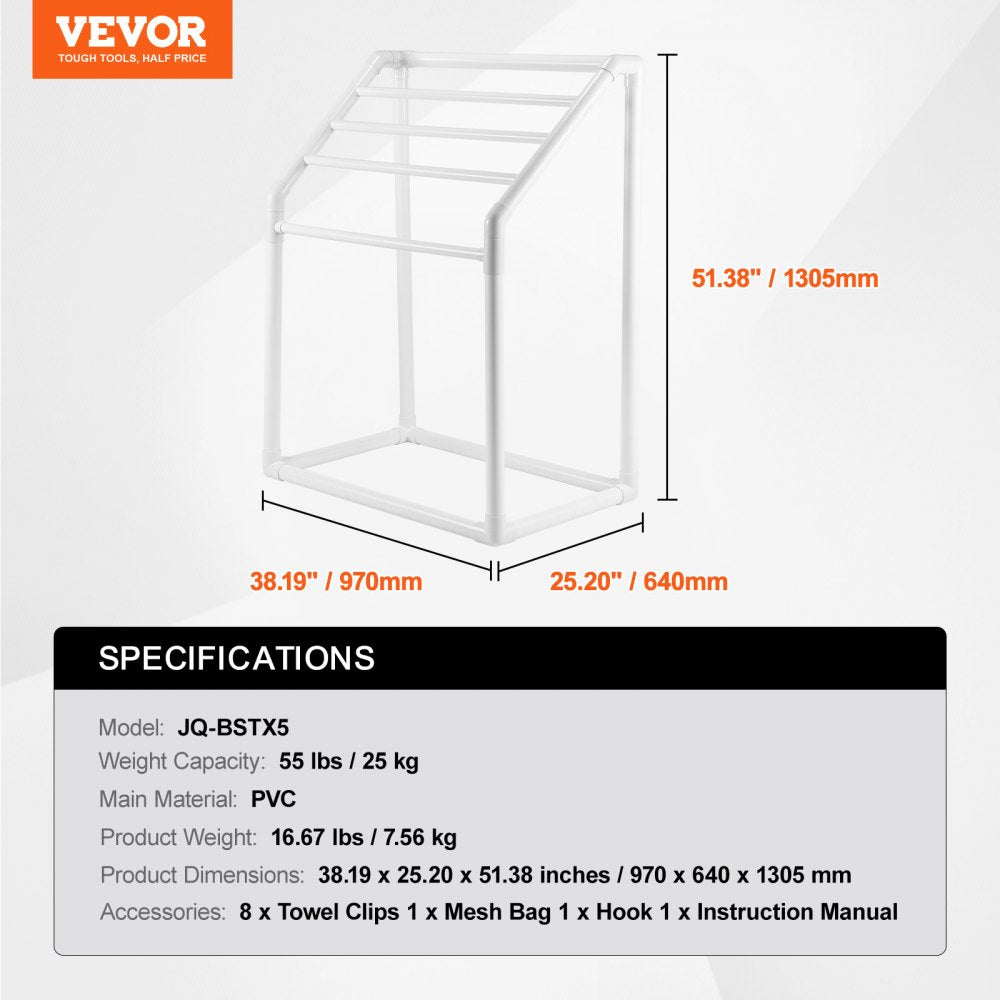 VEVOR Towel Rack, 5 Bars Outdoor PVC Towel Holder, Freestanding Pool Towel Hanger Stand with Clips, Bag & Hook, Outdoor Indoor Quilt Drying Rack Organizer, Ideal for Poolside, Bathroom, Spa, White