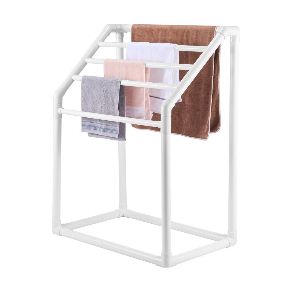 VEVOR Towel Rack, 5 Bars Outdoor PVC Towel Holder, Freestanding Pool Towel Hanger Stand with Clips, Bag & Hook, Outdoor Indoor Quilt Drying Rack Organizer, Ideal for Poolside, Bathroom, Spa, White