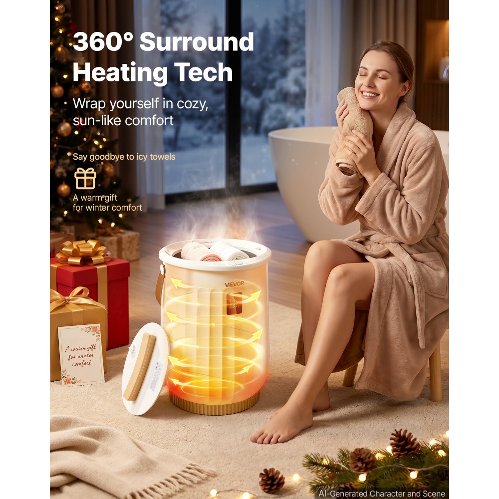 VEVOR Towel Warmers for Bathroom 20L Heated Towel Bucket with LED Display, Rapid Heating, 4 Adjustable Timer, Wood Handle, Auto Shut Off, Fits Oversized Towels, Blankets, Bathrobes, for Women, White
