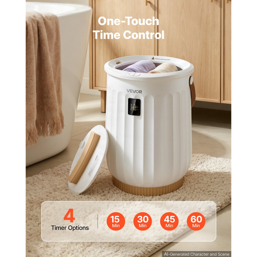 VEVOR Towel Warmers for Bathroom 20L Heated Towel Bucket with LED Display, Rapid Heating, 4 Adjustable Timer, Wood Handle, Auto Shut Off, Fits Oversized Towels, Blankets, Bathrobes, for Women, White