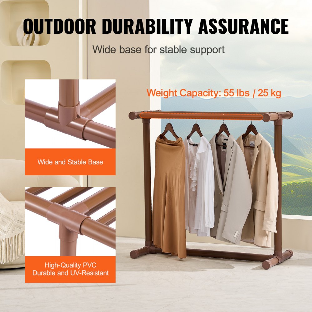 VEVOR Towel Rack, 5 Bars Outdoor PVC Towel Holder, Floor Standing Pool Towel Hanger Stand with Clips, Bag & Hook, Outdoor Indoor Quilt Drying Rack Organizer, Ideal for Poolside, Bathroom, Spa, Brown