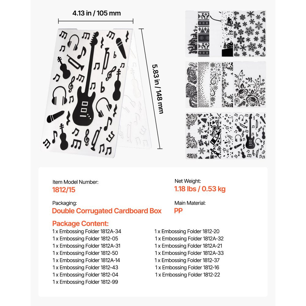 VEVOR Embossing Folders, 15 Pieces, 4.13 x 5.83 in, Background Embossed Plates for VEVOR Die Cutting and Embossing Machine, PP Plastic Embossed Stencil Template for Scrapbooking and Card Making