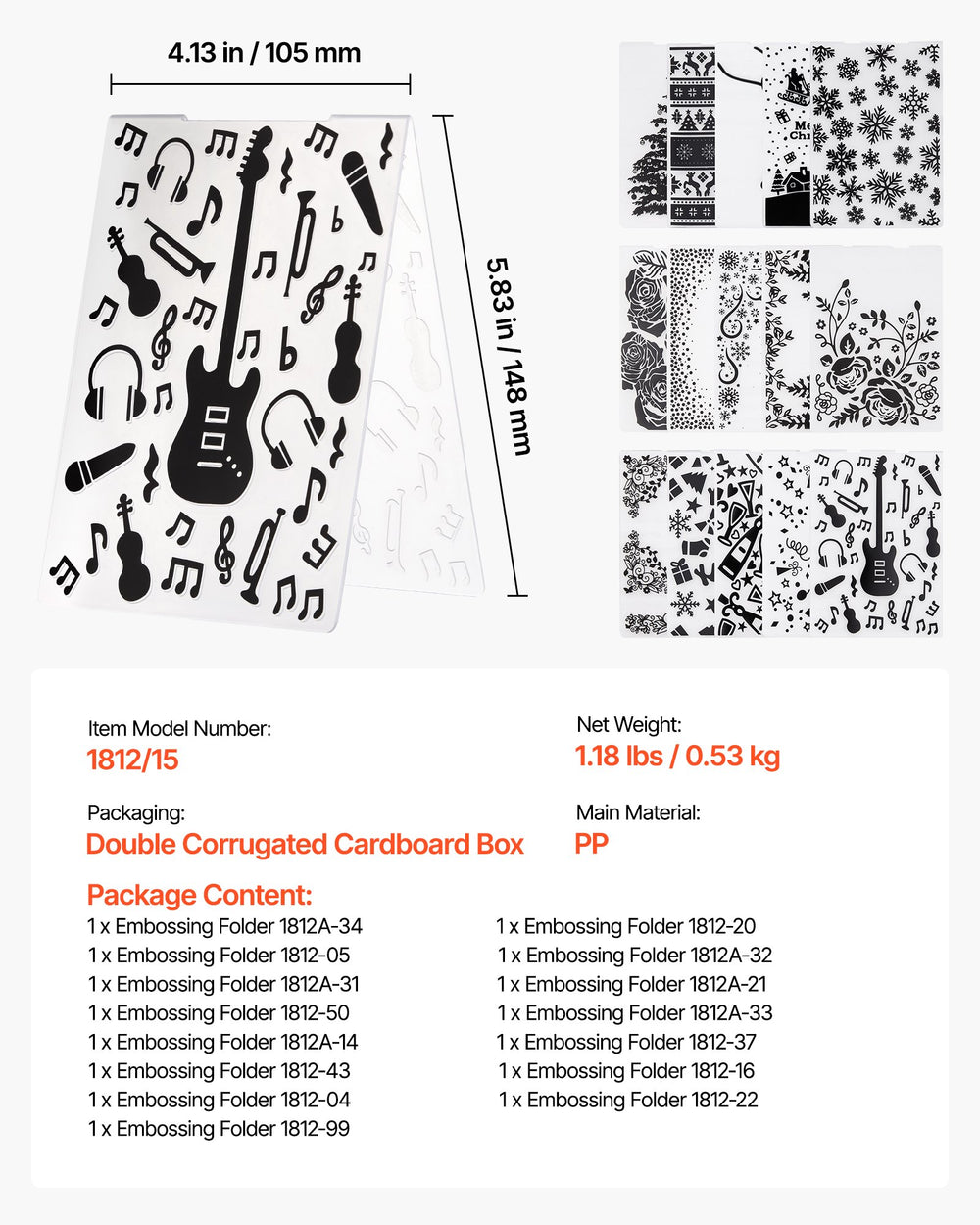 VEVOR Embossing Folders, 15 Pieces, 4.13 x 5.83 in, Background Embossed Plates for VEVOR Die Cutting and Embossing Machine, PP Plastic Embossed Stencil Template for Scrapbooking and Card Making