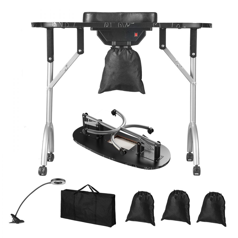 VEVOR Portable Manicure Table, Foldable Nail Table with Electric Dust Collector, Moveable Nail Tech Desk & 4 Wheels, 3 Dust Bags, Bendable LED Lamp, MDF Nail Art Workstation for Home Spa Beauty Salon