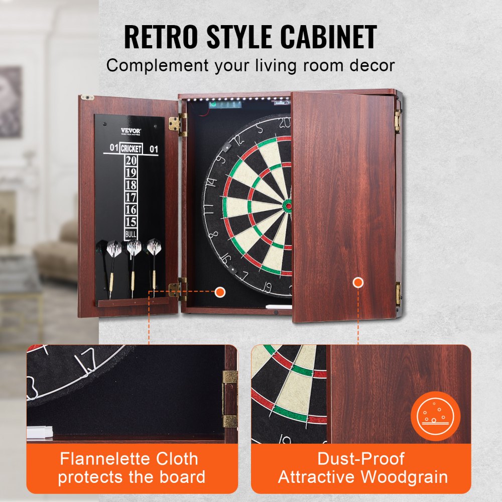 VEVOR Dartboard and Cabinet Set, Ready-to-Play Bundle Official Size Dartboard Cabinet, Steel Tip Dart Hideaway Cabinet, Features LED Light, Easy Assembly, Complete with All Accessory, for Cricket Game