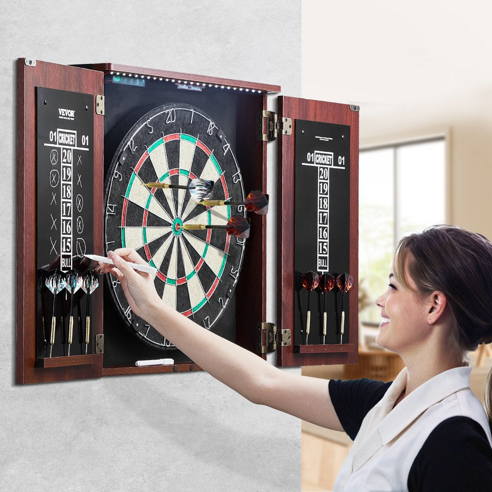VEVOR Dartboard and Cabinet Set, Ready-to-Play Bundle Official Size Dartboard Cabinet, Steel Tip Dart Hideaway Cabinet, Features LED Light, Easy Assembly, Complete with All Accessory, for Cricket Game