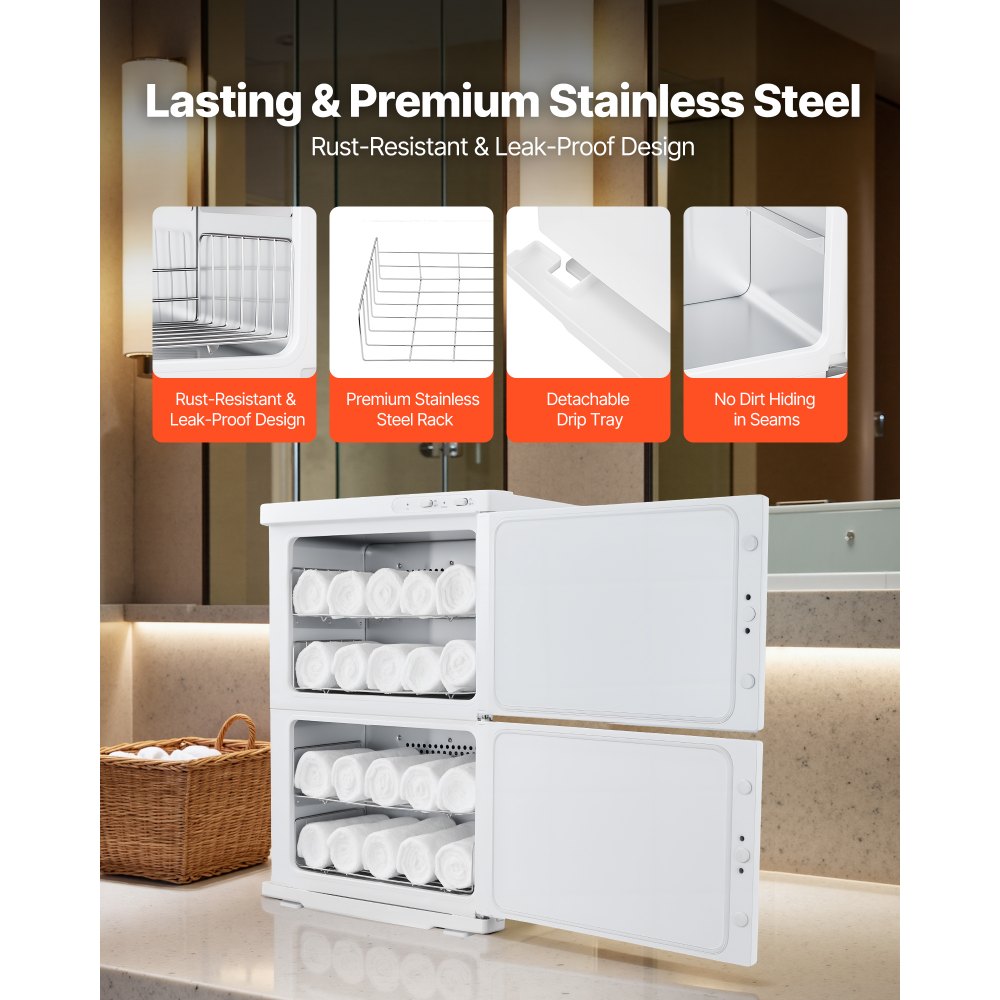 VEVOR Hot Towel Warmer, 10 gal Large Capacity 2-Tier Towel Warmer Cabinet with Clip & 4 Stainless Steel Racks, Holds up 48 Towels, All-Round Heating Cabinet for Spa, Barber, Manicures, Massage, Salon