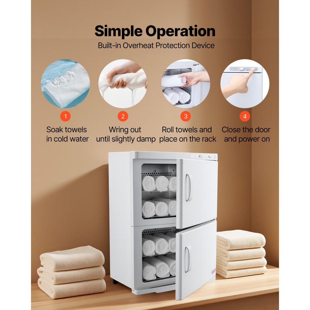 VEVOR Hot Towel Warmer, 10 gal Large Capacity 2-Tier Towel Warmer Cabinet with Clip & 4 Stainless Steel Racks, Holds up 48 Towels, All-Round Heating Cabinet for Spa, Barber, Manicures, Massage, Salon