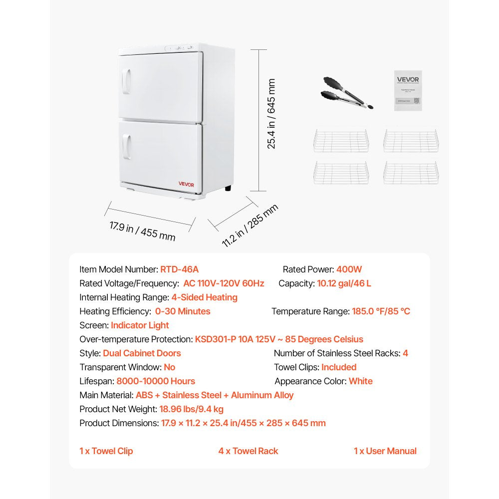 VEVOR Hot Towel Warmer, 10 gal Large Capacity 2-Tier Towel Warmer Cabinet with Clip & 4 Stainless Steel Racks, Holds up 48 Towels, All-Round Heating Cabinet for Spa, Barber, Manicures, Massage, Salon