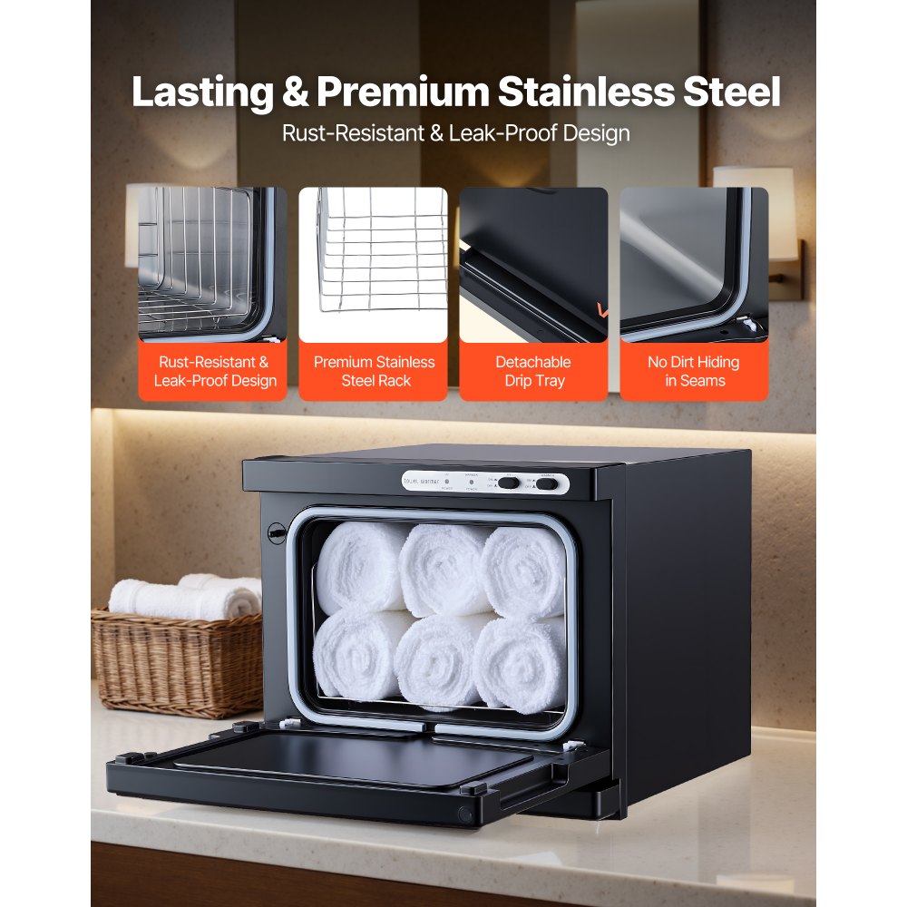 VEVOR Hot Towel Warmer, 1.76 gal Small Towel Warmer Cabinet with Clip & Stainless Steel Rack, Holds up 12 Towels, Portable All-Round Heating Cabinet for Spa, Barber, Manicures, Massage, Salon, Black
