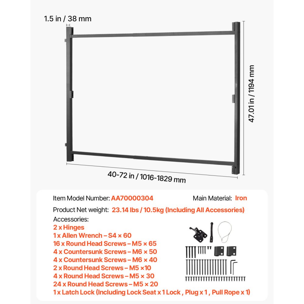 VEVOR Gate Building Kit, Fits 40 to 72 in Wide Openings, Up from 4 to 5 ft High Fence, Adjustable Gate Building Kit, Anti Sag Full Gate Frame Kit with Latch Lock and Screws, for Wooden Fence, Iron
