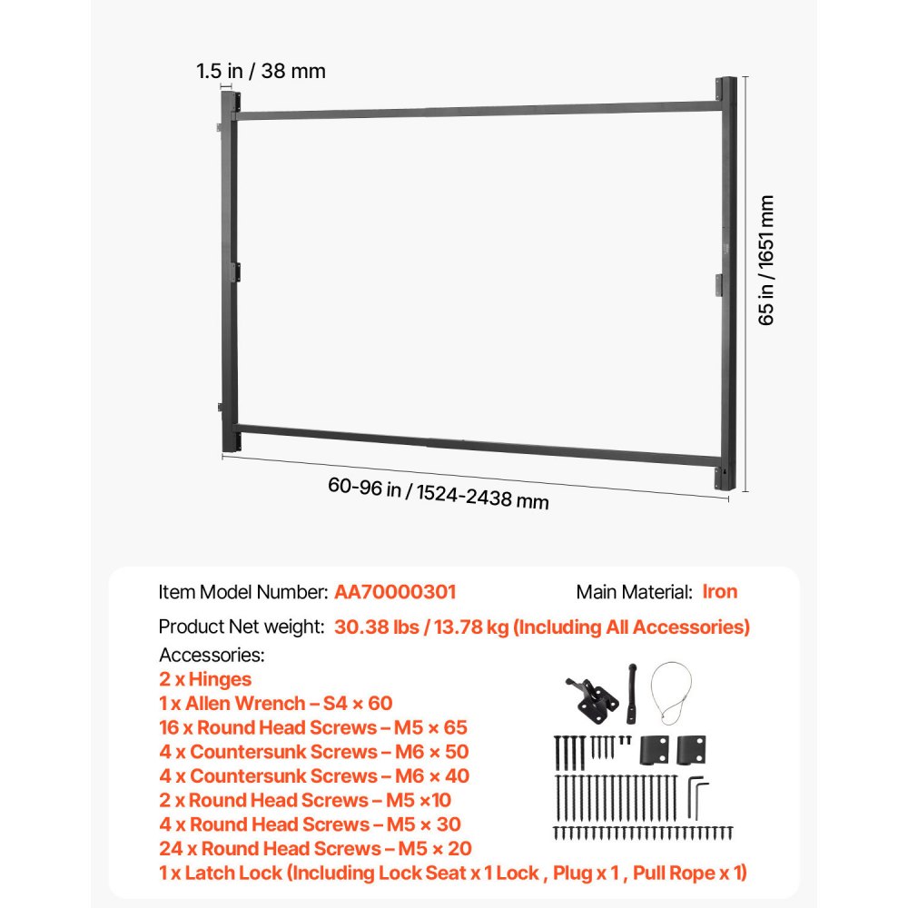 VEVOR Gate Building Kit, Fits 60 to 96 in Wide Openings, Up from 6 to 7 ft High Fence, Adjustable Gate Building Kit, Anti Sag Full Gate Frame Kit with Latch Lock, Screw, for Wooden Fence, Iron, Black