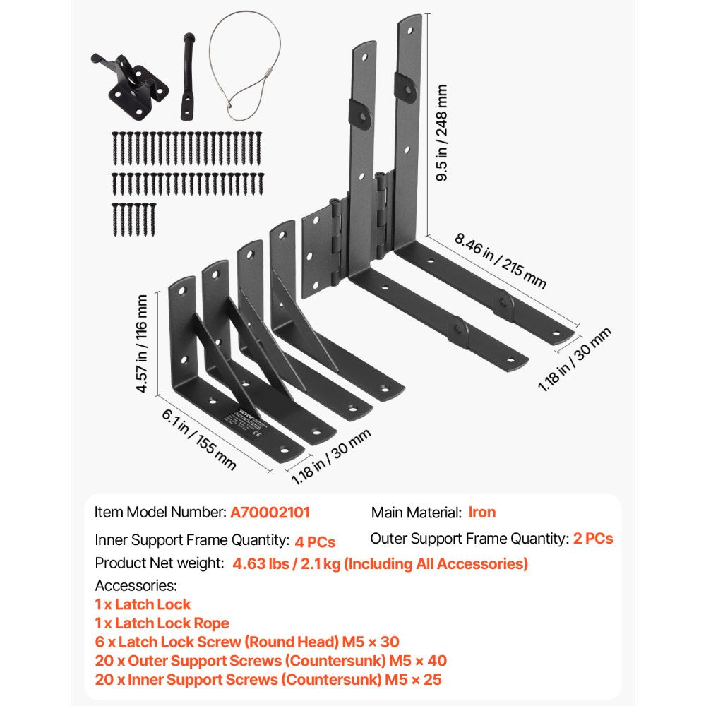 VEVOR Gate Corner Brace Bracket, Anti Sag Gate Frame Hardware Kit, Gate Frame Brace Bracket with Latch Lock Rope, Latch Lock, for Shed Doors, Corral Gates, Driveway Gates, Wood Windows, Iron, Black