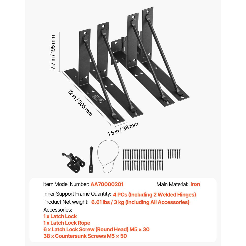 VEVOR Gate Corner Brace Bracket, Anti Sag Gate Frame Hardware Kit, Gate Frame Brace Bracket with Latch Lock, Latch Lock Rope, for Shed Doors, Corral Gates, Driveway Gates, Stable Gates, Iron, Black
