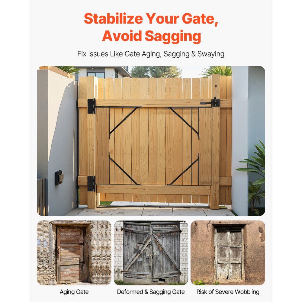 VEVOR Gate Corner Brace Bracket, 2 Sets, Anti Sag Gate Frame Hardware Kit, Gate Frame Brace Bracket with Latch Lock, Screws, for Shed Doors, Corral Gates, Driveway Gates, Stable Gates, Iron, Black