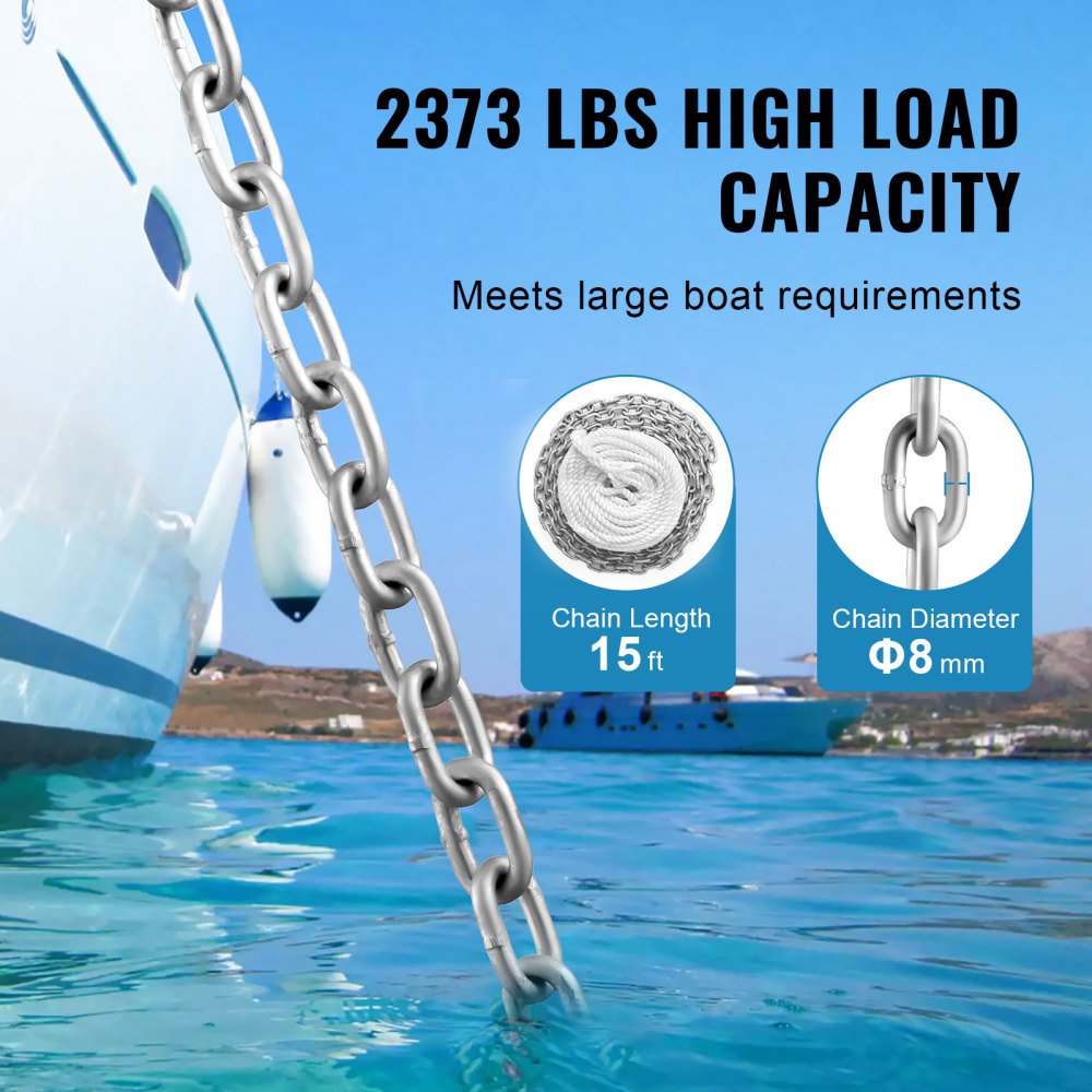 VEVOR Windlass Anchor Rode and Chain, 5/16" x 15' Boat Anchor Chain and 1/2" x 200' Nylon Rope, 2373 lbs. WLL/7120 lbs. BS, Galvanized Anchor Lead Chain and Nylon 3-Strand Rope for Boat Anchor System