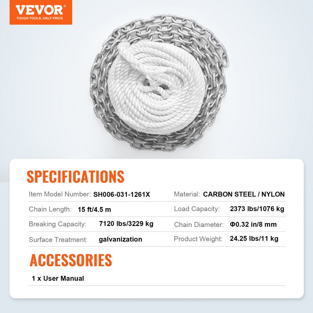 VEVOR Windlass Anchor Rode and Chain, 5/16" x 15' Boat Anchor Chain and 1/2" x 200' Nylon Rope, 2373 lbs. WLL/7120 lbs. BS, Galvanized Anchor Lead Chain and Nylon 3-Strand Rope for Boat Anchor System