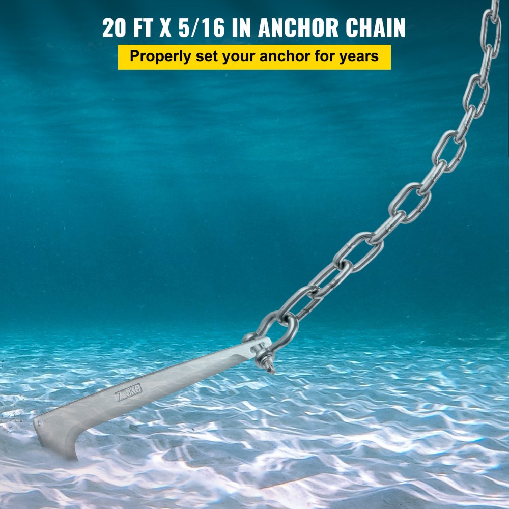 VEVOR Boat Anchor Chain, 5/16" x 20', 2373 lbs. WLL/7120 lbs. BS, 316 Stainless Steel Marine Grade Anchor Lead Chain with Dual Lock Ring Shackles for Boats, Deck, Fishing, Works with Different Anchors