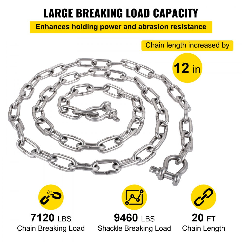 VEVOR Boat Anchor Chain, 5/16" x 20', 2373 lbs. WLL/7120 lbs. BS, 316 Stainless Steel Marine Grade Anchor Lead Chain with Dual Lock Ring Shackles for Boats, Deck, Fishing, Works with Different Anchors