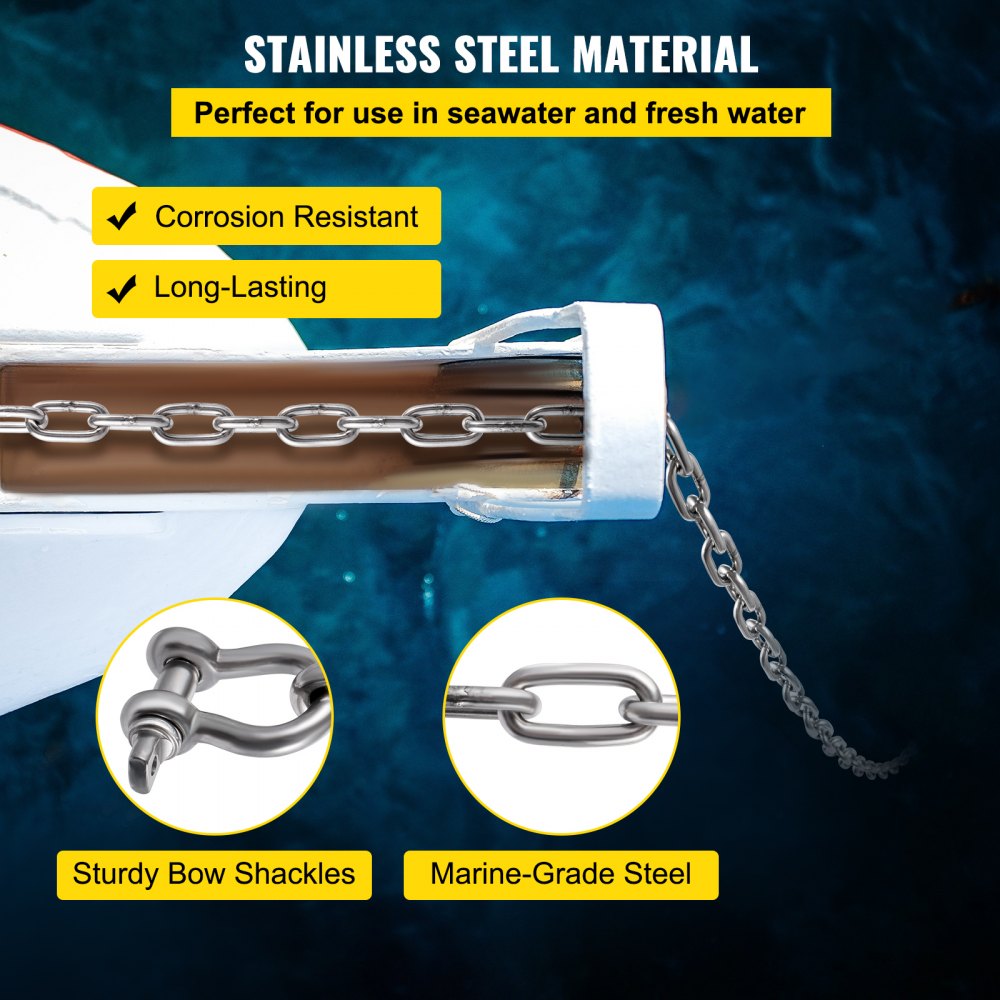 VEVOR Boat Anchor Chain, 5/16" x 20', 2373 lbs. WLL/7120 lbs. BS, 316 Stainless Steel Marine Grade Anchor Lead Chain with Dual Lock Ring Shackles for Boats, Deck, Fishing, Works with Different Anchors