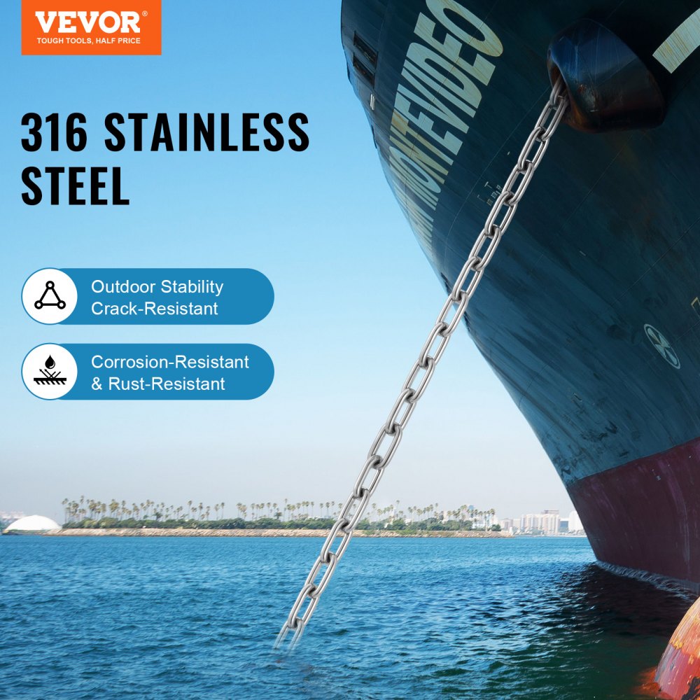 VEVOR Boat Anchor Chain, 5/16" x 6', 2373 lbs. WLL/7120 lbs. BS, 316 Stainless Steel Marine Grade Anchor Lead Chain with Dual Lock Ring Shackles for Boats, Deck, Fishing, Works with Different Anchors