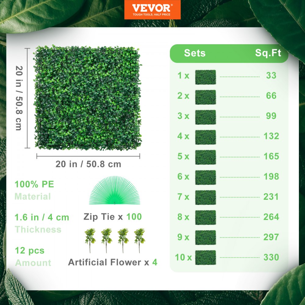 VEVOR 12PCS 20x20inch Artificial Boxwood Panels,Boxwood Hedge Wall Panels,Artificial Grass Backdrop Wall 1.6\",Privacy Hedge Screen UV Protected for Outdoor Indoor Garden Fence Backyard