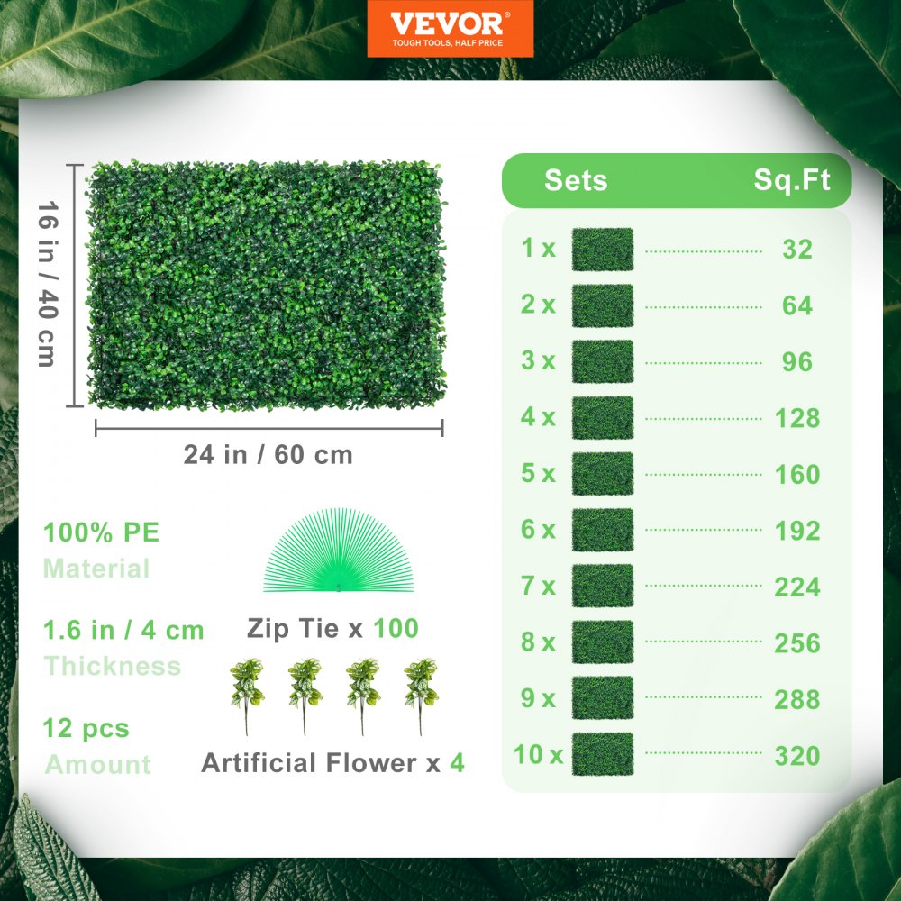VEVOR 12PCS 24\"x16\" Grass Wall Panels for 32 SQ Feet, Boxwood Hedge Wall Panels, Artificial Grass Backdrop Wall 1.6\", Privacy Hedge Screen UV Protected for Outdoor Indoor Garden Fence Backyard