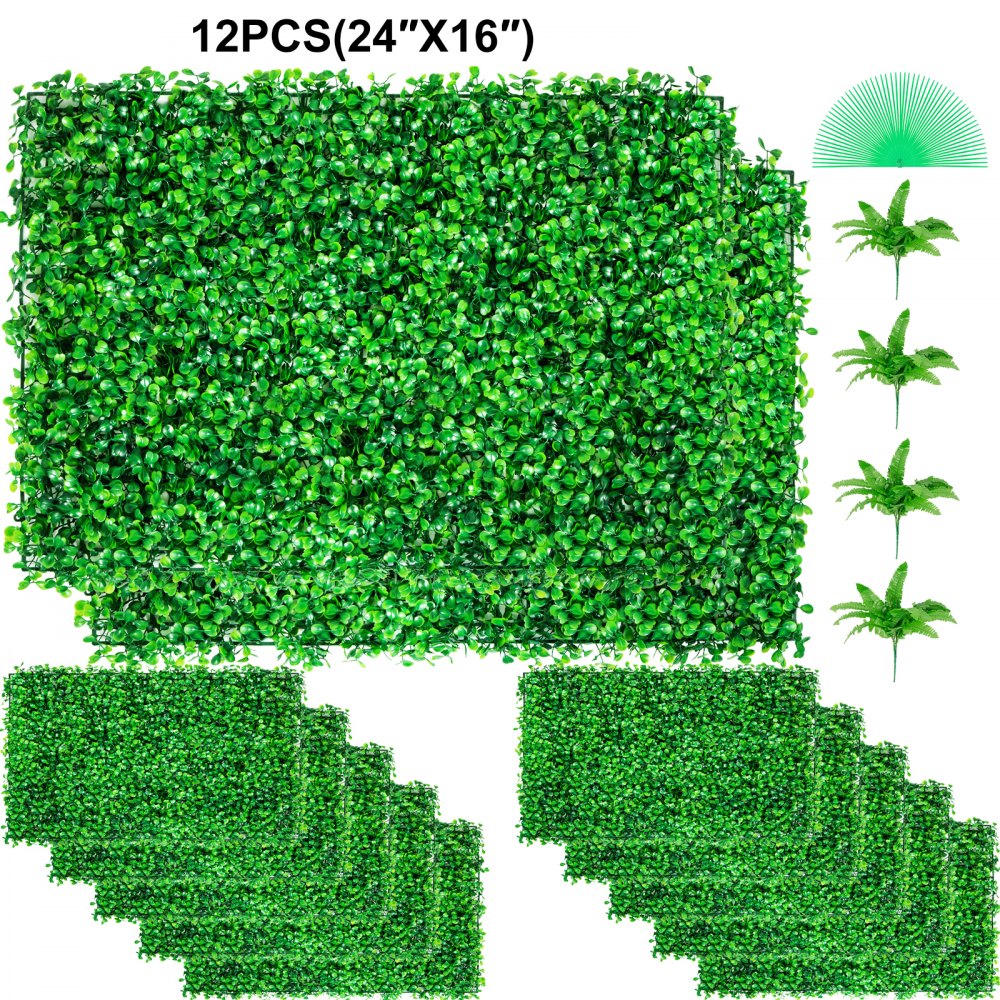 VEVOR 12PCS 24\"x16\" Grass Wall Panels for 32 SQ Feet, Boxwood Hedge Wall Panels, Artificial Grass Backdrop Wall 1.6\", Privacy Hedge Screen UV Protected for Outdoor Indoor Garden Fence Backyard