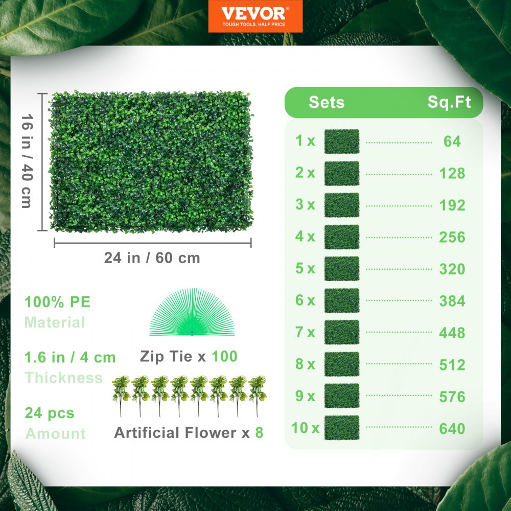 VEVOR Artificial Boxwood Panel UV 24pcs Boxwood Hedge Wall Panels Artificial Grass Backdrop Wall 24\" X 16\" 4 cm Green Grass Wall, Fake Hedge for Decor Privacy Fence Indoor, Outdoor Garden Backyard