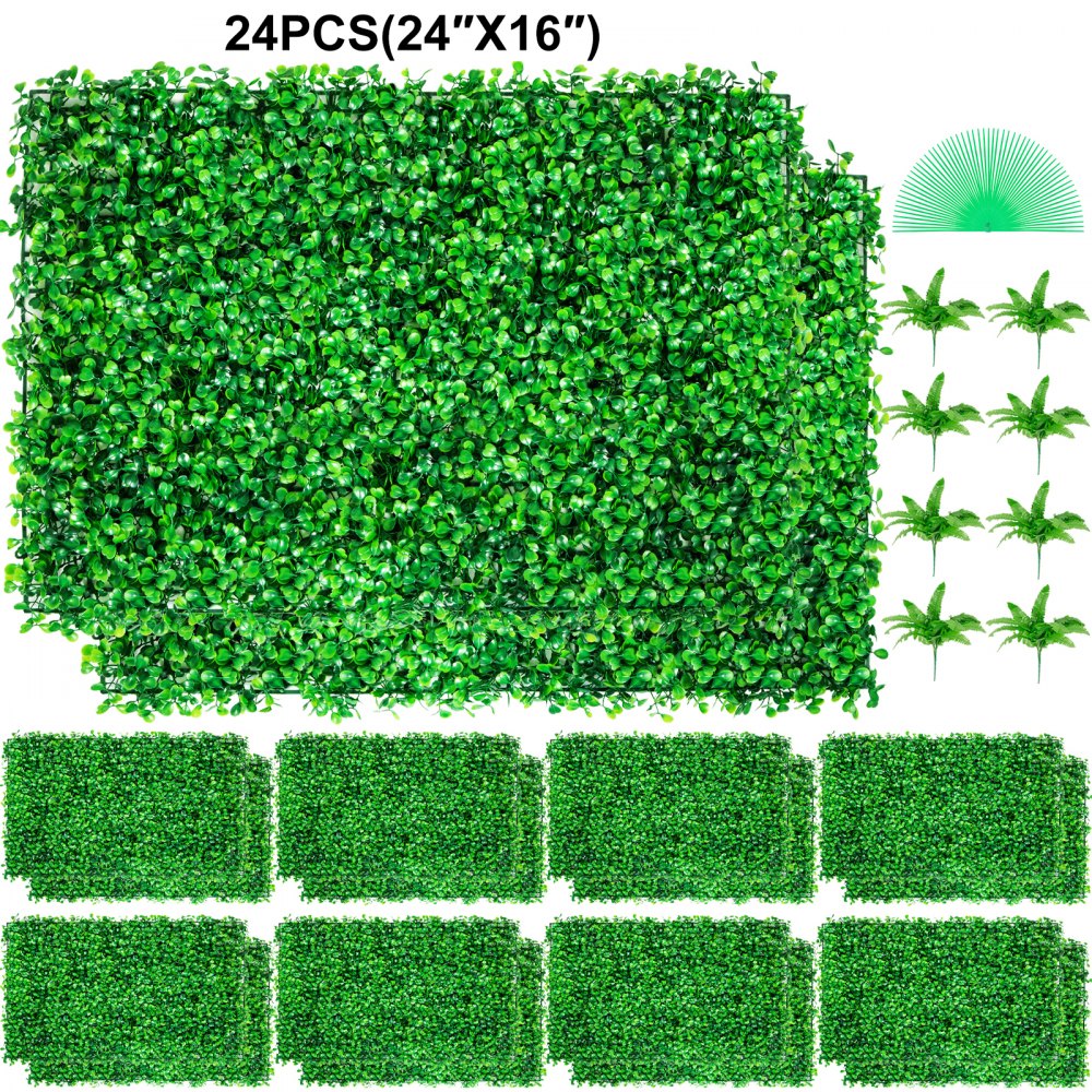 VEVOR Artificial Boxwood Panel UV 24pcs Boxwood Hedge Wall Panels Artificial Grass Backdrop Wall 24\" X 16\" 4 cm Green Grass Wall, Fake Hedge for Decor Privacy Fence Indoor, Outdoor Garden Backyard