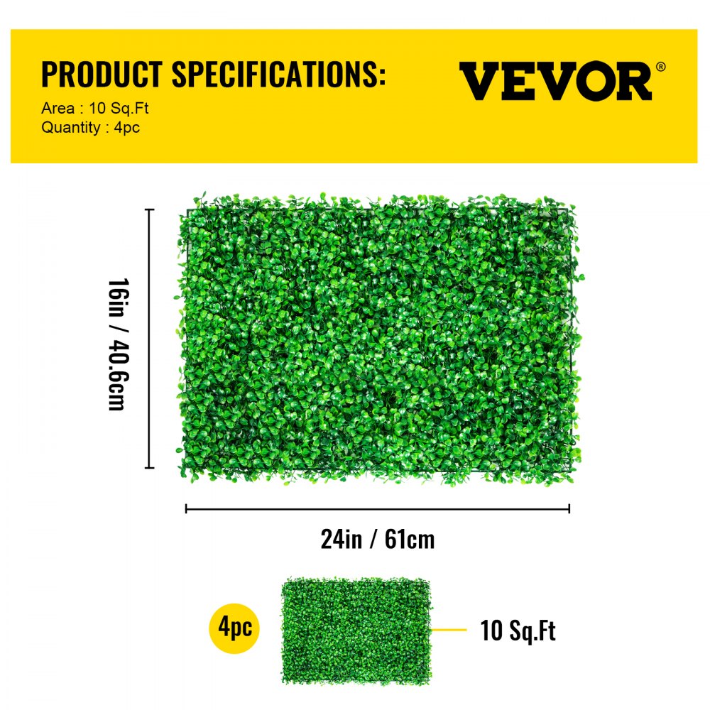 VEVOR Artificial Boxwood Panel UV 4pcs Boxwood Hedge Wall Panels Artificial Grass Backdrop Wall 24X16\" 4 cm Green Grass Wall Fake Hedge for Decor Privacy Fence Indoor Outdoor Garden Backyard