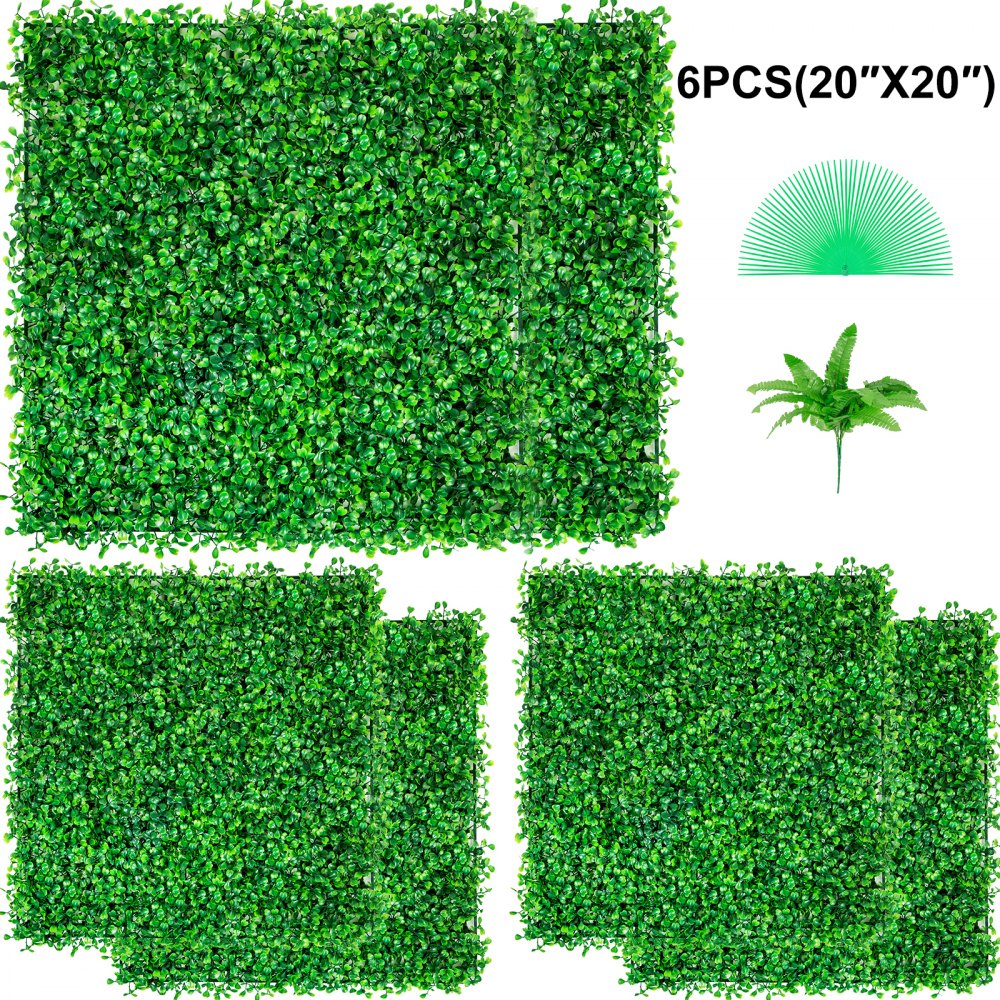 VEVOR Artificial Boxwood Panel UV 6pcs Boxwood Hedge Wall Panels, Artificial Grass Backdrop Wall 20\" X 20\" 4 cm Green Grass Wall, Fake Hedge for Decor Privacy Fence Indoor, Outdoor Garden Backyard