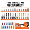 VEVOR Rivet Nut Tool, 16 inch Rivnut Tool Kit with 13PCS Metric and SAE Mandrels, 186PCS Rivet Nuts, Semi-auto Retraction, M3, M4, M5, M6, M8, M10, M12, 1/4-20, 5/16-18, 3/8-16, 1/2-13, 8-32, 10-24