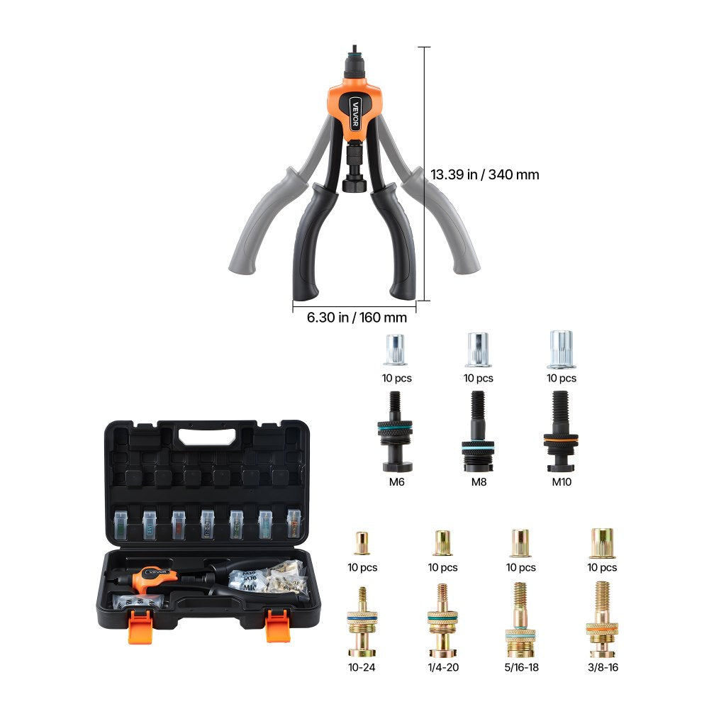 VEVOR Rivet Nut Tool Kit, 14-Inch Two-Handed Rivnut Tool Kit, with 7 Mandrels and 70 Nuts, Metric and SAE Size M6, M8, M10, 10-24, 1/4-20, 5/16-18, 3/8-16 UNC, with a Carrying Case, for Home, Auto