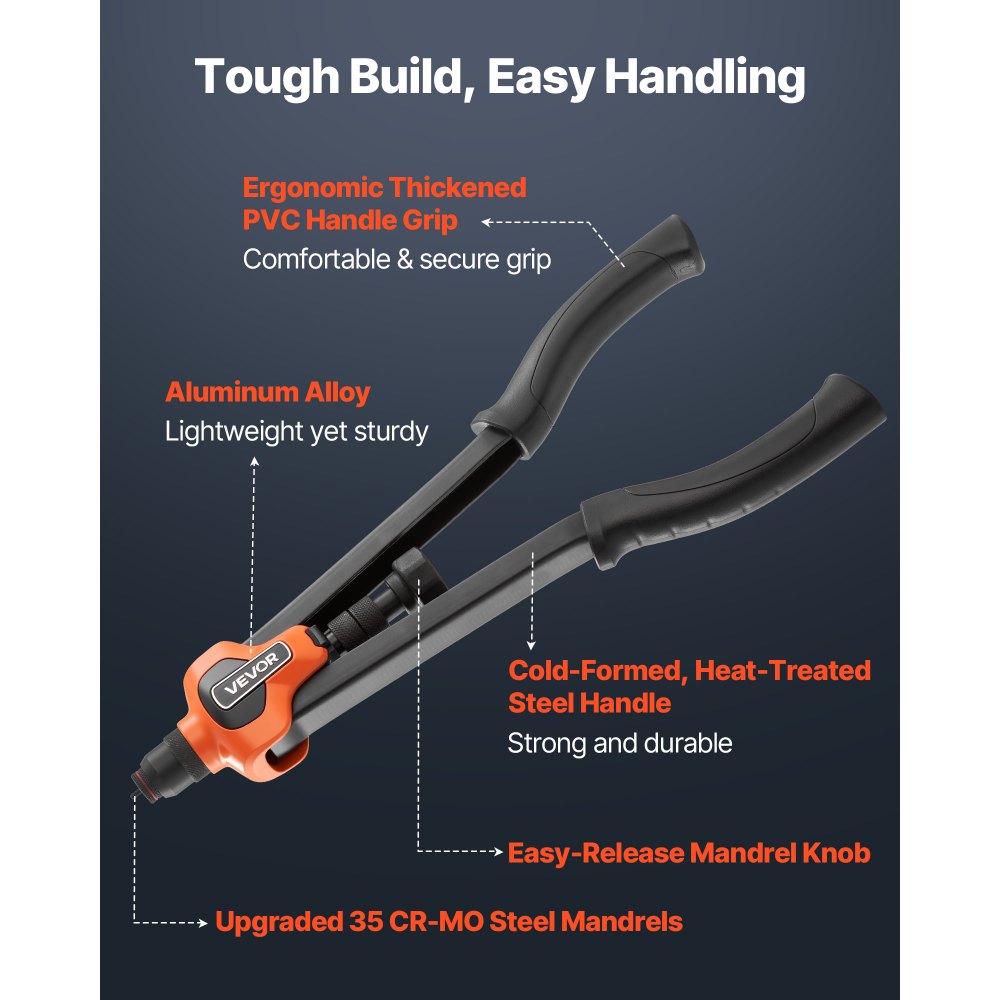 VEVOR Rivet Nut Tool Kit, 17-Inch Rivnut Tool Kit, with 13 Mandrels and 130 Nuts, Metric and SAE Size M3, M4, M5, M6, M8, M10, M12, 1/2-13, 8-32, 10-24, 1/4-20, 5/16-18, 3/8-16 UNC, a Carrying Case