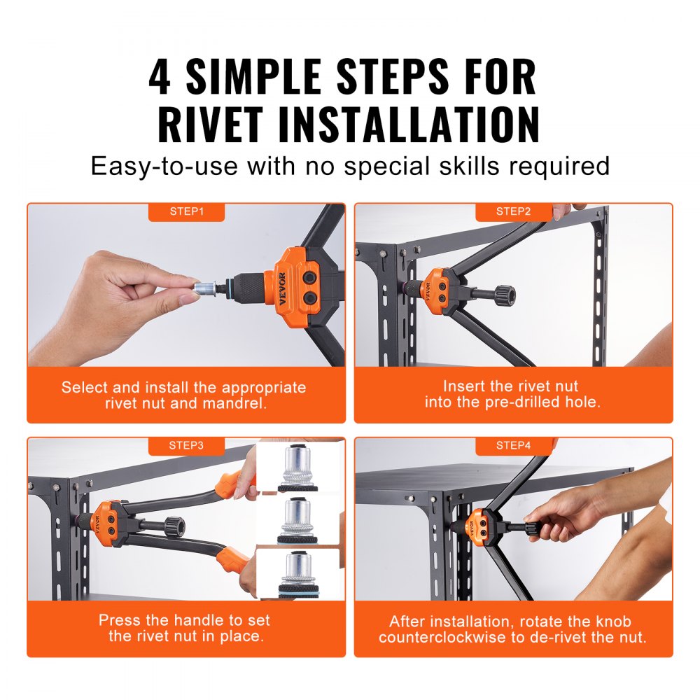 VEVOR 16" Rivet Nut Tool, Labor-Saving Rivnut Tool Kit with 13PCS Metric & SAE Mandrels, 186PCS Rivet Nuts,M3, M4, M5, M6, M8, M10, M12, 1/4-20, 5/16-18, 3/8-16,1/2-13, 8-32, 10-24 With Carrying Case