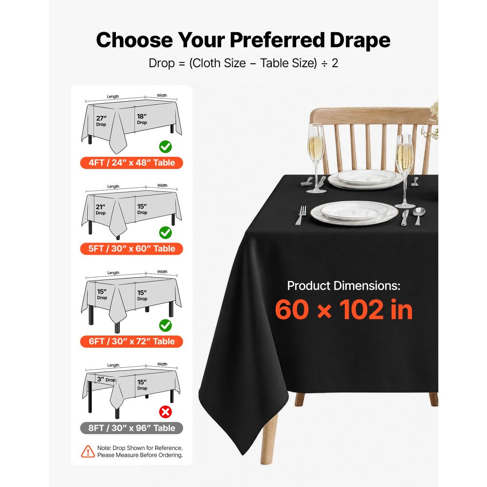 VEVOR Rectangular Tablecloths, 60 x 102 in 12 Pack, Black Polyester Covers, for Party Wedding Banquet Festival, Washable, Reusable Table Cloth with Brushed Fabric, Neat Hems, Smooth Drape