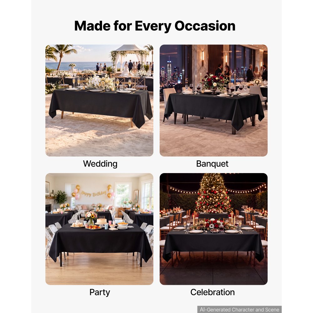 VEVOR Rectangular Tablecloths, 60 x 102 in 12 Pack, Black Polyester Covers, for Party Wedding Banquet Festival, Washable, Reusable Table Cloth with Brushed Fabric, Neat Hems, Smooth Drape