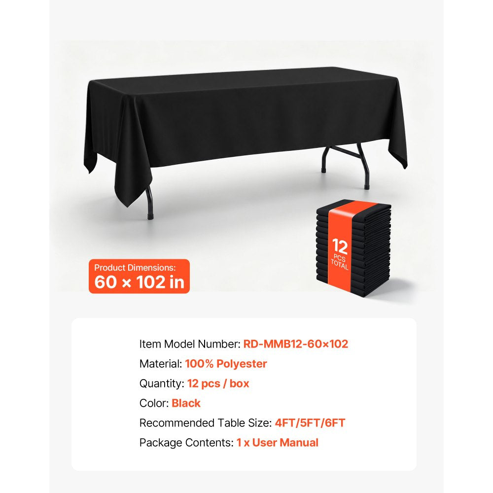 VEVOR Rectangular Tablecloths, 60 x 102 in 12 Pack, Black Polyester Covers, for Party Wedding Banquet Festival, Washable, Reusable Table Cloth with Brushed Fabric, Neat Hems, Smooth Drape