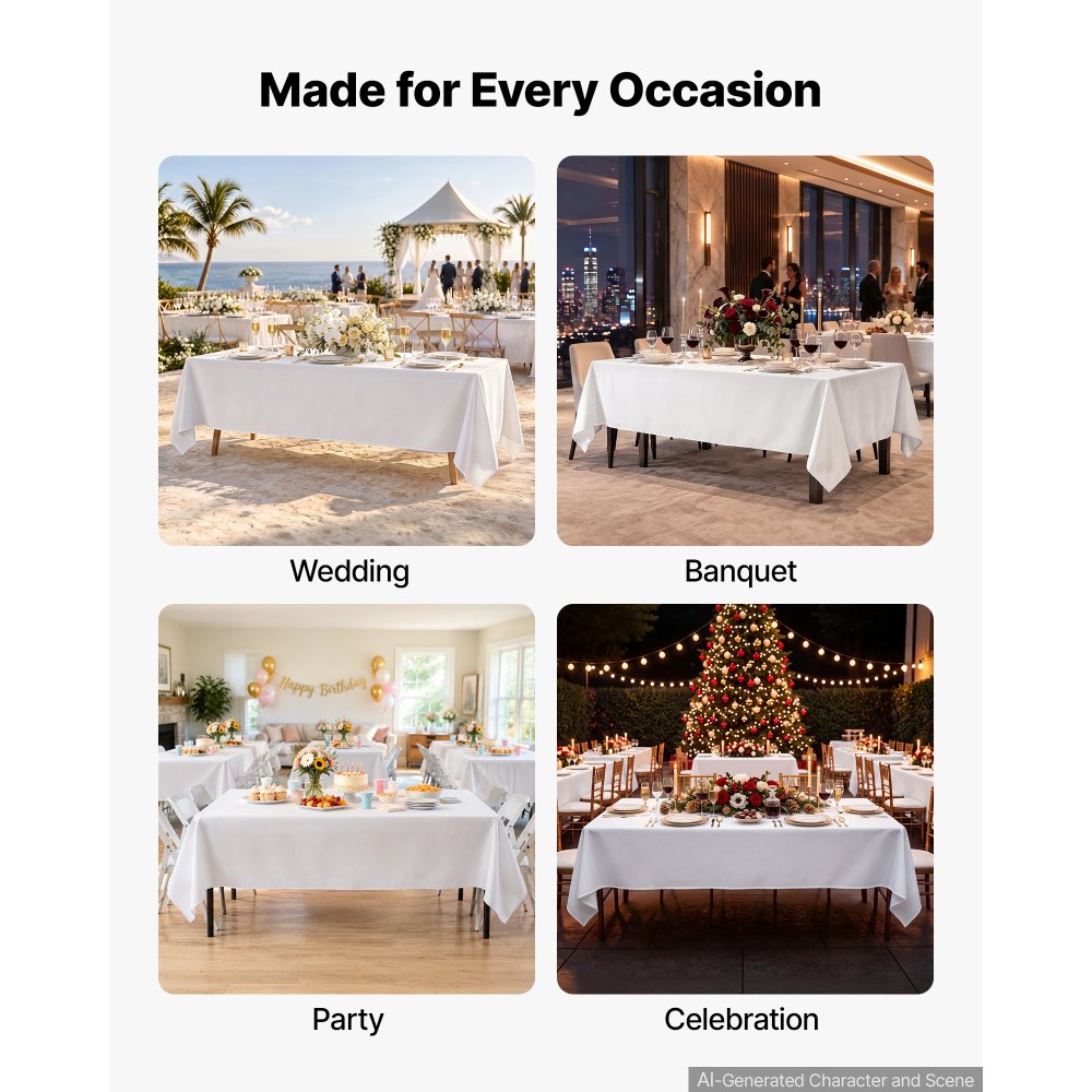 VEVOR Rectangular Tablecloths, 60 x 102 in 6 Pack, White Polyester Covers, for Party Wedding Banquet Festival, Washable, Reusable Table Cloth with Brushed Fabric, Neat Hems, Smooth Drape
