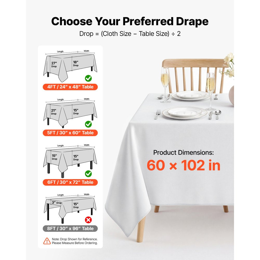 VEVOR Rectangular Tablecloths, 60 x 102 in 12 Pack, White Polyester Covers, for Party Wedding Banquet Festival, Washable, Reusable Table Cloth with Brushed Fabric, Neat Hems, Smooth Drape