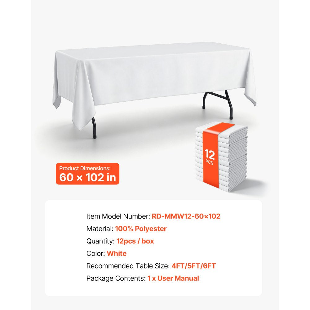 VEVOR Rectangular Tablecloths, 60 x 102 in 12 Pack, White Polyester Covers, for Party Wedding Banquet Festival, Washable, Reusable Table Cloth with Brushed Fabric, Neat Hems, Smooth Drape